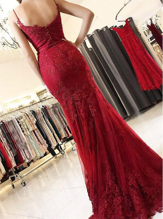 Burgundy Spaghetti Straps Mermaid/Trumpet Long Lace Prom Dress
