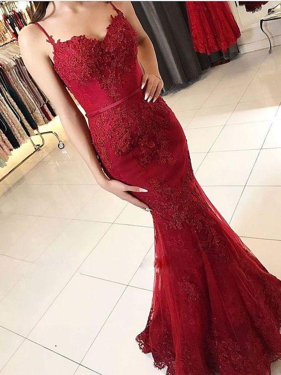 burgundy spaghetti straps mermaid/trumpet long lace prom dress dtp356