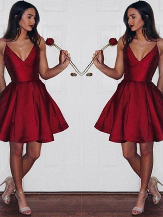 sexy spaghetti straps v-neck burgundy short prom dress with pockets dtp244