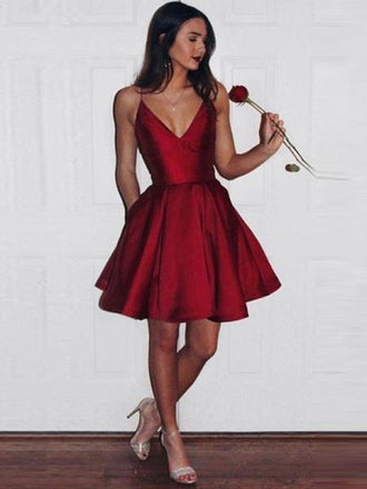 sexy spaghetti straps v-neck burgundy short prom dress with pockets dtp244