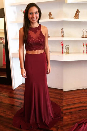 Burgundy Two Piece Prom Dress Keyhole Back With Lace Appliques