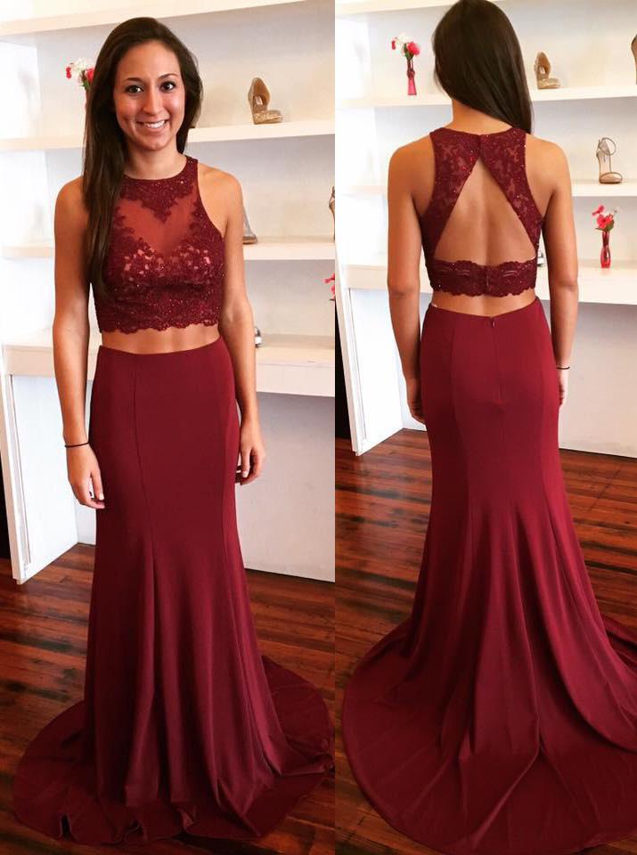 burgundy two piece prom dress keyhole back with lace appliques dtp473