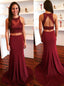 Burgundy Two Piece Prom Dress Keyhole Back With Lace Appliques