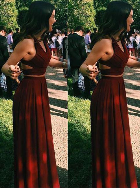 burgundy two piece long prom dress chiffon sexy evening gowns dtp453