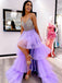 V Neck Lavender Beaded High Low Tulle Long Prom Evening Dress With Tiered