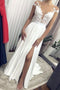 Sheer Cap Sleeves White Lace Beach Wedding Dress, Chiffon Boho Bridal Gown With Split