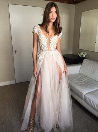 Cap Sleeve A-line Lace Tulle Long Backless Prom Dress Slit Evening Dress