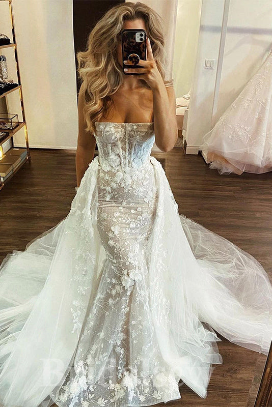Ivory Strapless Lace Mermaid Long Wedding Dresses With Appliques