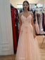 Charming A-line Blush Pink Beaded Long Prom Dresses For Teens