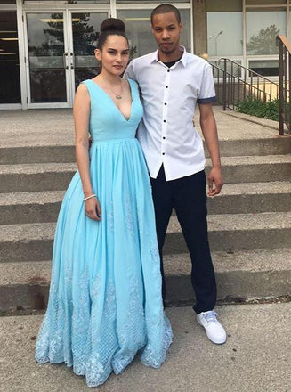 charming blue long prom dress chiffon a-line v-neck graduation dress dtp466