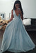Charming Blue Long Prom Dress Chiffon A Line V-neck Graduation Dress