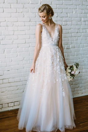 charming country wedding dresses v-neck appliques a-line bridal gowns dtw173
