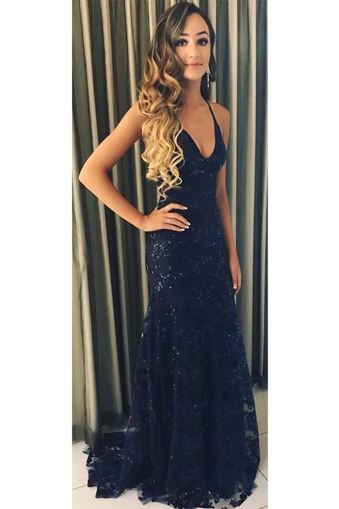 Charming Dark Blue Lace Prom Dress Backless Mermaid Evening Gown Dress