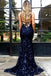 Charming Dark Blue Lace Prom Dress Backless Mermaid Evening Gown Dress