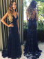 Charming Dark Blue Lace Prom Dress Backless Mermaid Evening Gown Dress