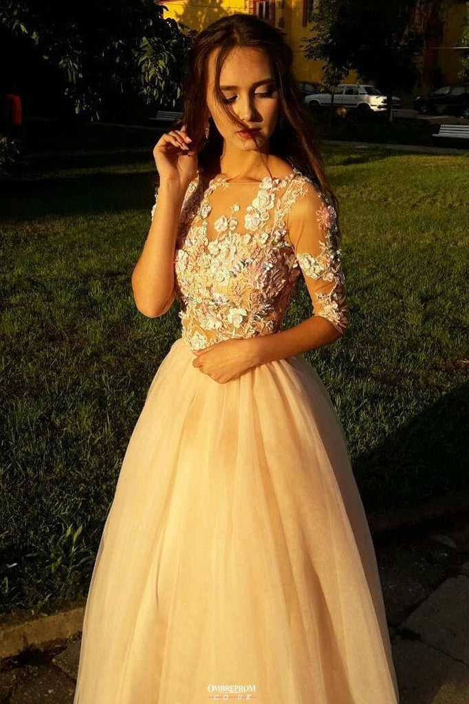 Charming Floral Appliques Long Prom Dresses With 3/4 Sleeves