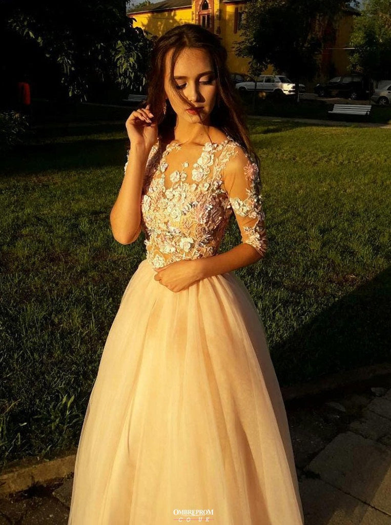 charming floral appliques long prom dresses with 3/4 sleeves dtp569