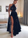 charming halter black lace long prom dress with slit dtp399
