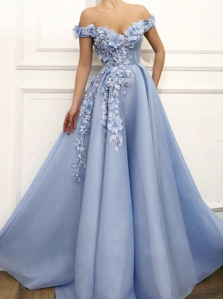 charming off shoulder 3d flower appliques net blue prom dresses dtp546
