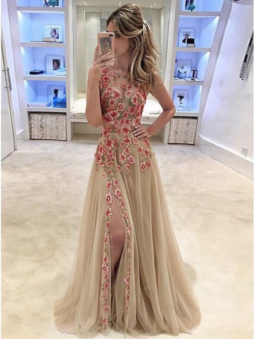charming round neck split tulle long prom dress with floral appliques dtp421