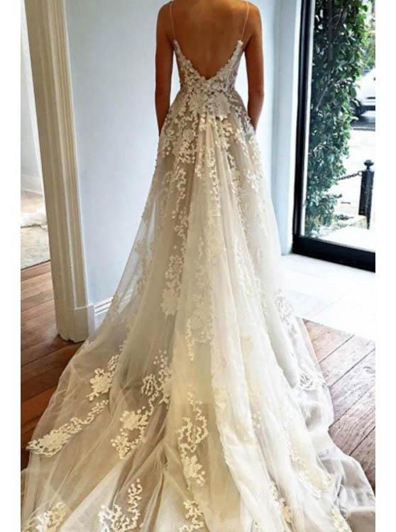 Boho Lace Appliques Wedding Dress, Spaghetti Straps Beach Wedding Dress
