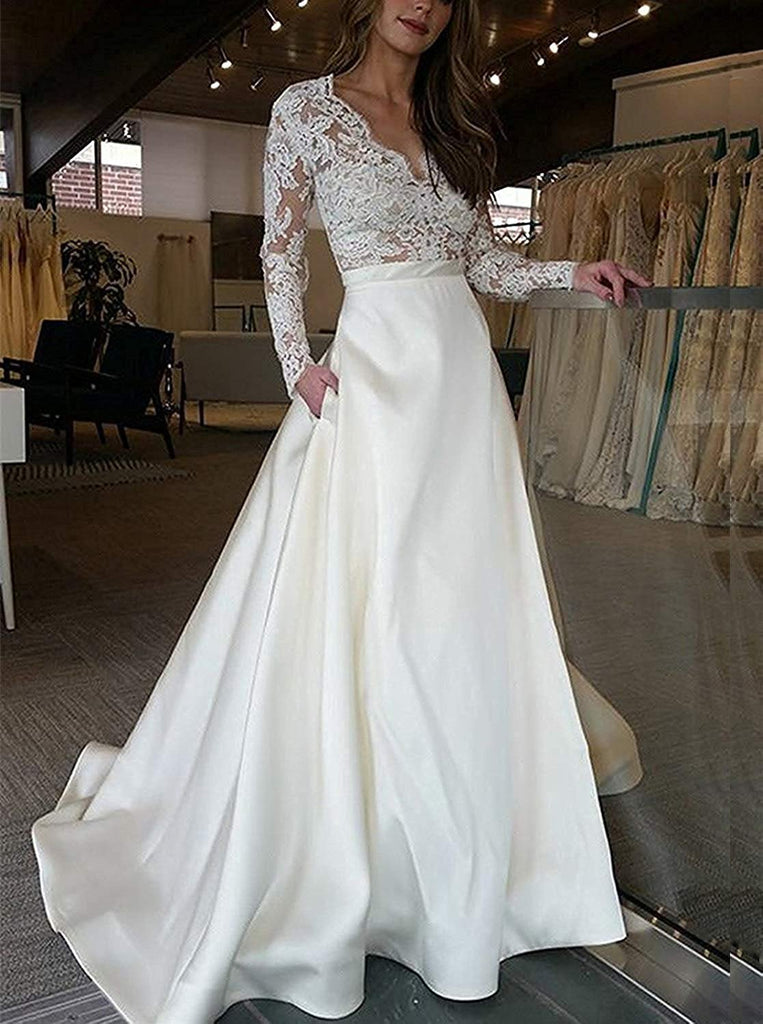 cheap v-neck lace long sleeves satin wedding dress with pocket dtw137