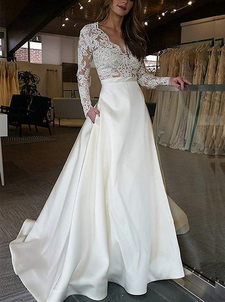 A-line V-neck Lace Long Sleeves Satin Wedding Dress With Pocket DTW137 DressTok.co.uk A-line V-neck Lace Long Sleeves Satin Wedding Dress With Pocket DTW137 DressTok.co.uk