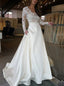 A-line V-neck Lace Long Sleeves Satin Wedding Dress With Pocket