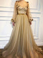 Bling Bling A-Line Scoop Long Sleeves Gold Prom Dress With 3D Floral