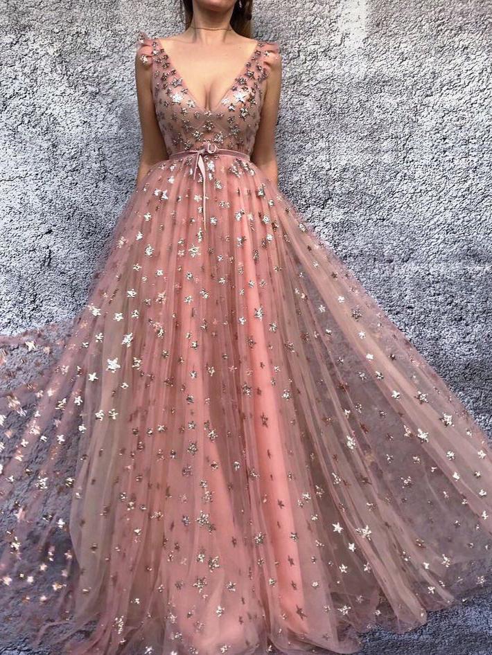 a-line pink long prom dresses starry night formal evening dresses dtp1193