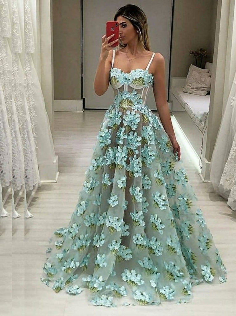 chic a-line spaghetti straps tulle 3d floral long prom dress dtp368
