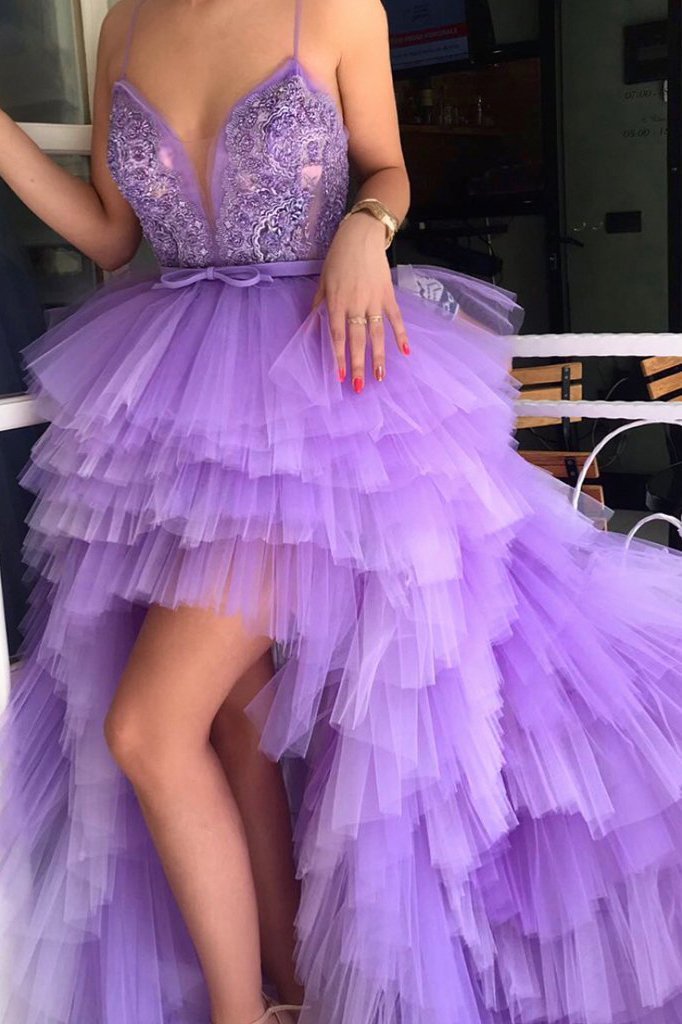 Princess Spaghetti Sweet 16 Dress Chic Tulle Applique High Low Prom Dress