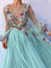 Chic Princess Scoop Floral Applliques Long Puff Sleeves Prom Dress