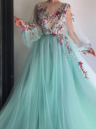 chic princess scoop floral applliques long puff sleeves prom dress dtp423