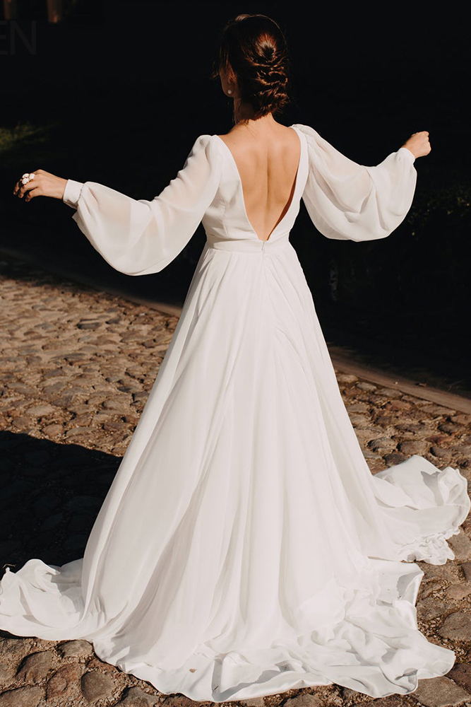 Beautiful Chiffon Wedding Gown Long Puff Sleeves Beach Wedding Dress