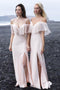 Chiffon Spaghetti Straps Drop Sleeves Boho Pink Bridesmaid Dresses