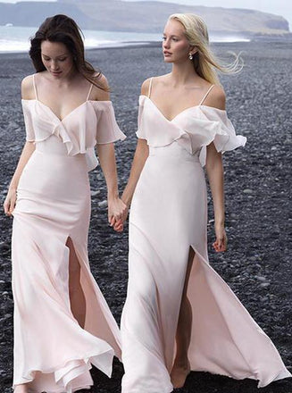 Chiffon Spaghetti Straps Drop Sleeves Boho Pink Bridesmaid Dresses