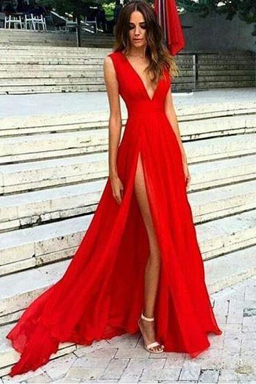 sexy red evening dress with split a-line v-neck chiffon red long prom dress dtp376