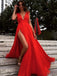 A-line V-neck Chiffon Red Long Prom Dress, Sexy Red Evening Dress With Split