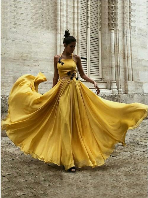 Chiffon Yellow Long Prom Dress A-Line Halter with Butterfly Appliques DTP449 DressTok.co.uk Chiffon Yellow Long Prom Dress A-Line Halter with Butterfly Appliques DTP449 DressTok.co.uk