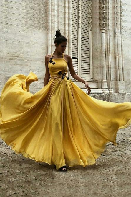 Chiffon Yellow Long Prom Dress A-Line Halter with Butterfly Appliques