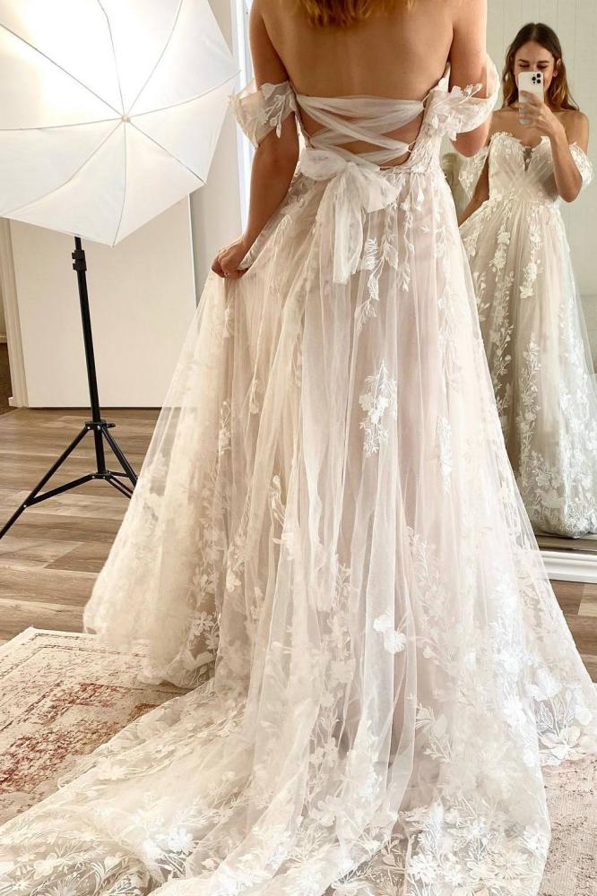 Off the Shoulder Lace Appliques Boho Wedding Dress Criss Cross Back Bridal Gown