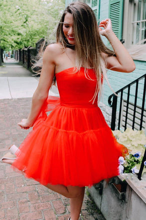 Chic A-line Red Sleeveless Tulle Homecoming Dress, Red Short Party Dress