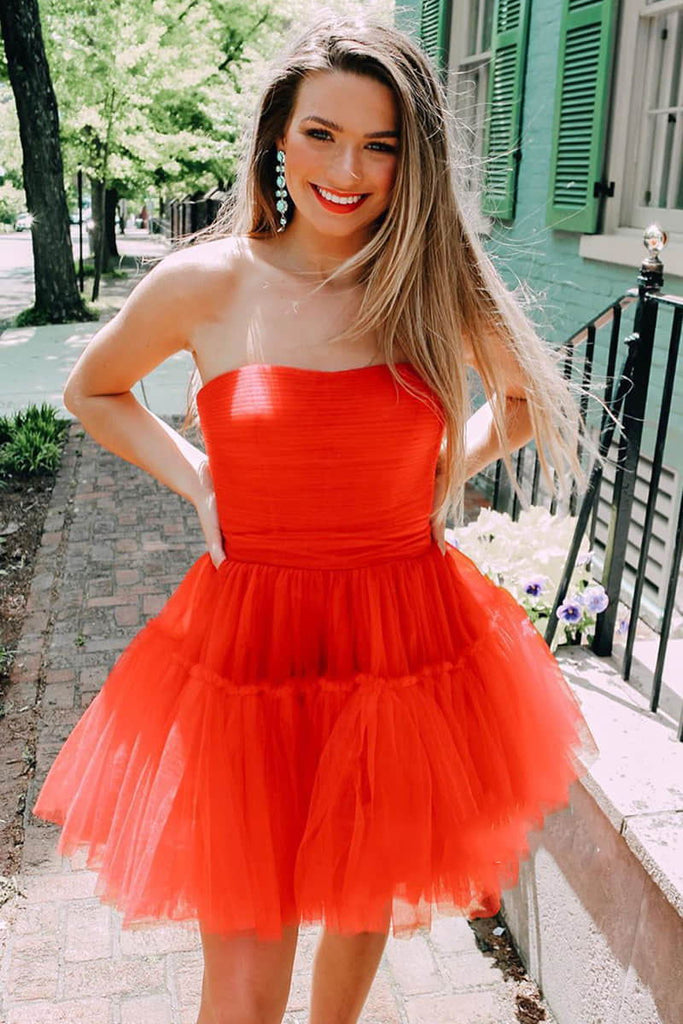 Chic A-line Red Sleeveless Tulle Homecoming Dress, Red Short Party Dress