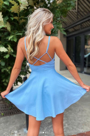 Cute V Neck Satin Blue Short Prom Dress, Simple Backless Homecoming Dress