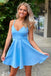 Cute V Neck Satin Blue Short Prom Dress, Simple Backless Homecoming Dress