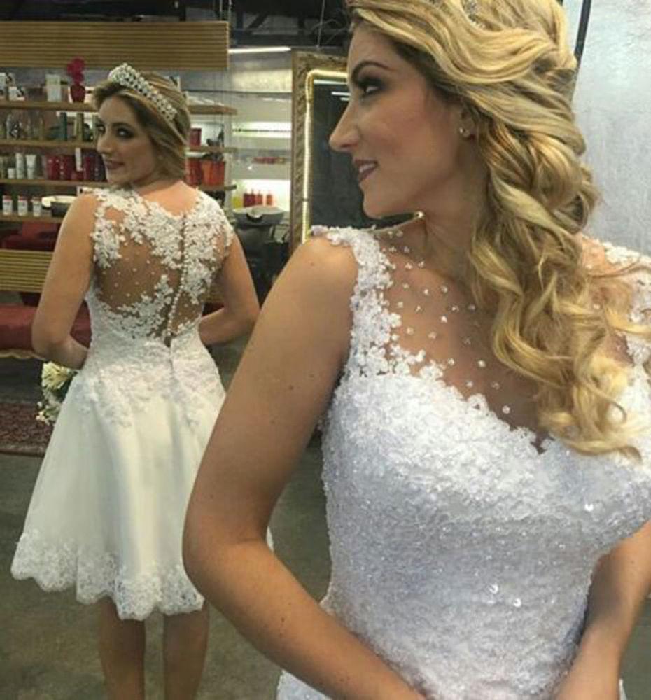 Cute Short Wedding Dress Lace Applique Beaded Bridal Gown