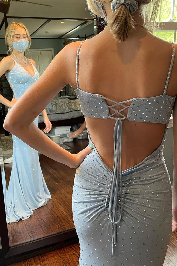 Mermaid Lavender V-Neck Prom Dresses Long Evening Dresses With Beading