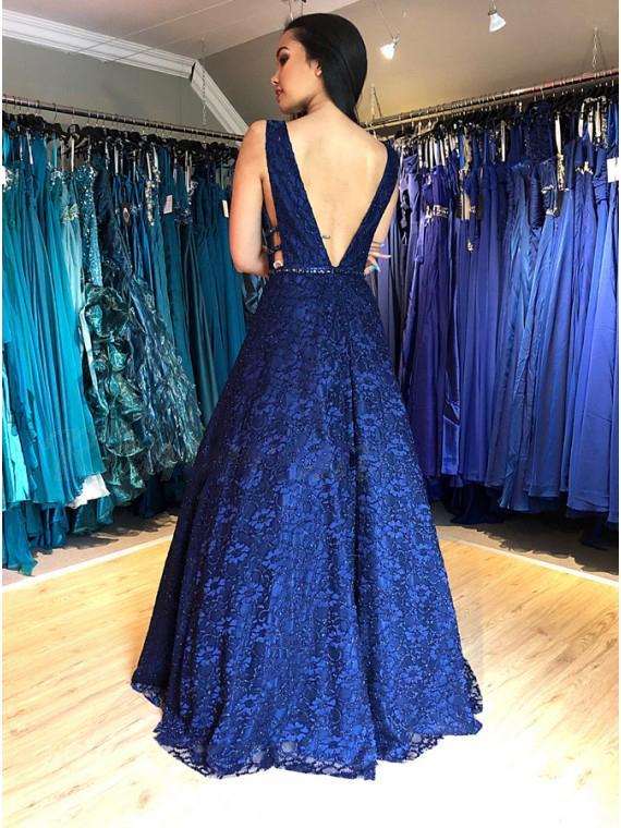 a-line v-neck beading dark blue lace backless long prom dress dtp344