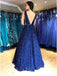 a-line v-neck beading dark blue lace backless long prom dress dtp344